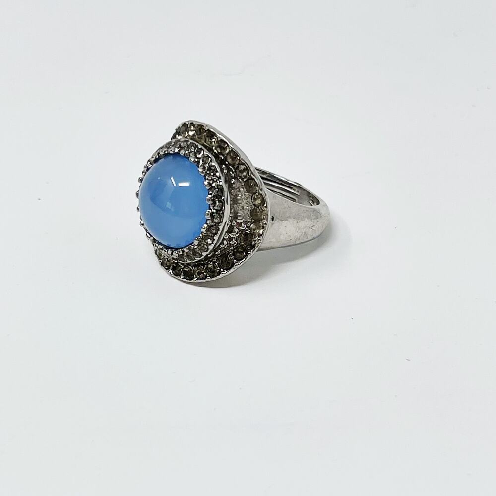 Blue Gemstone and Rhinestone Silver Tone Chunky Cocktail Ring Womens Size 6.5